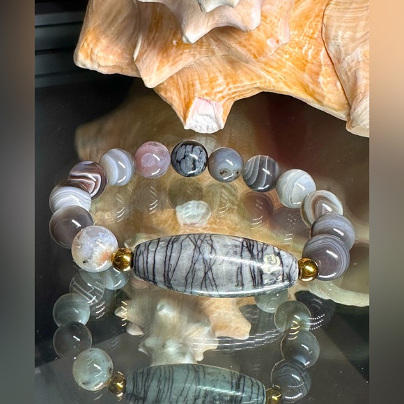 AGATE BANDED + NET JASPER NATURAL STONES BRACELET Size 7” - Picture 3 of 10